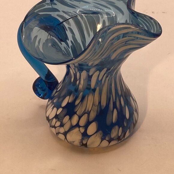 Rainbow Small Mini Pitcher Splatter Vase Blue White Hand Blown Hand Painted - Picture 5 of 13